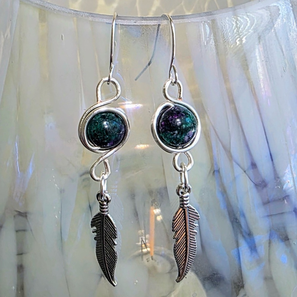 Moss Agate and Silver Feather Drop Earrings